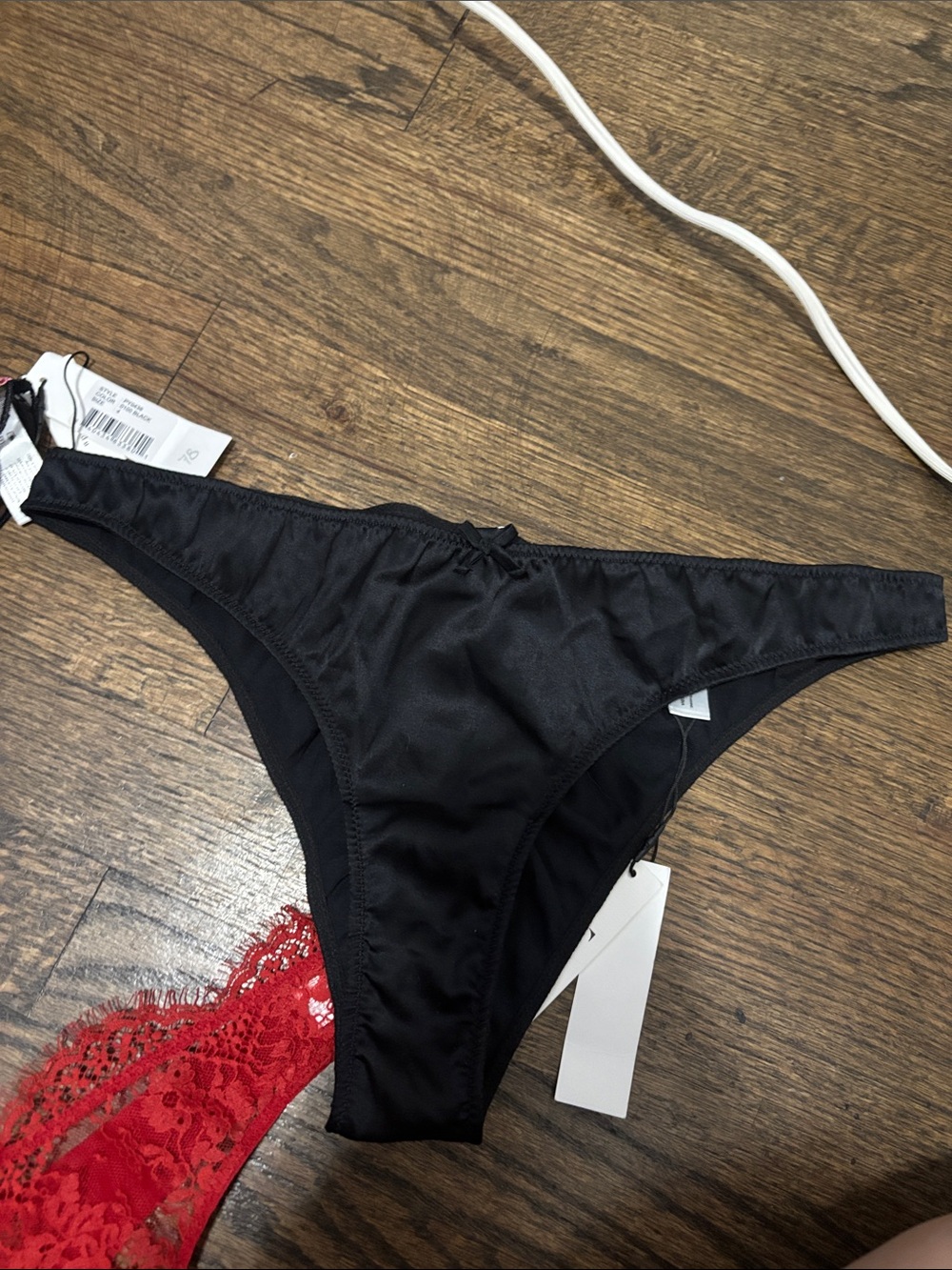 Women’s Lace & Satin Bikini Panty Set - Black with Pink Embroidery & Red Lace - Picture 5 of 6